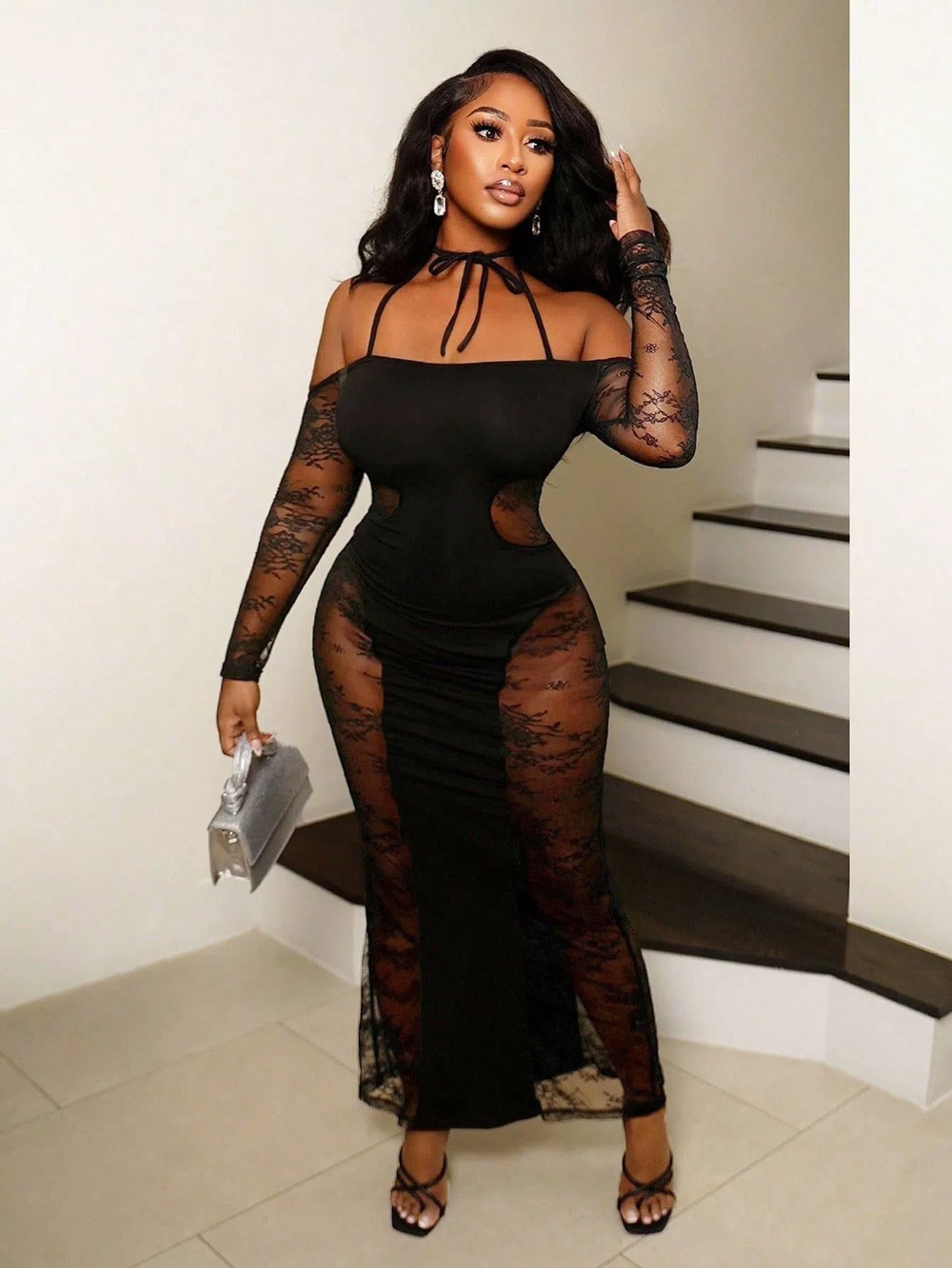 ZARA Spring Summer Sexy Halterneck Lace Cutout Bodycon Longsleeve Dress Premium